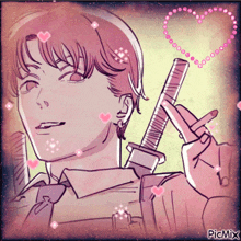 a drawing of a man holding a sword with a heart around his neck