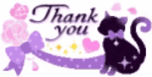 a black cat is sitting on a purple ribbon with the words `` thank you '' .