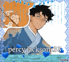 a picture of percy jackson with blue hearts around it