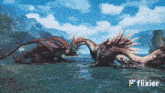 two dragons fighting in the water with flixier written on the bottom