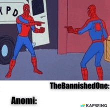 a cartoon of spider man pointing at another spiderman