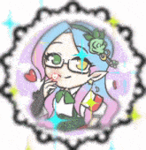 a cartoon drawing of a girl with blue hair and glasses
