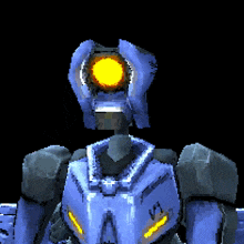 a pixel art of a robot with a yellow eye and the letter v on the chest