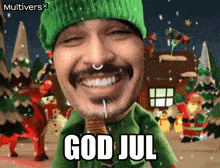 a man wearing a green hat and sweater says god jul in front of a christmas scene