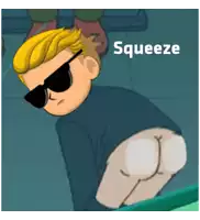 a cartoon of a man wearing sunglasses and the word squeeze