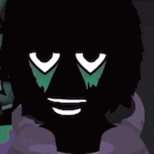a close up of a cartoon character 's face with green eyes .