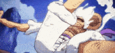 a cartoon character is flying through the air with his arms outstretched and his legs crossed .