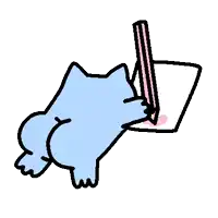 a blue cat is laying down and writing on a piece of paper with a pink pencil .