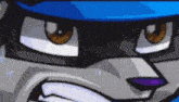 a close up of a cartoon character 's face with a blue hat .