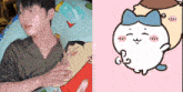 a man is laying in an inflatable ring next to a cartoon cat