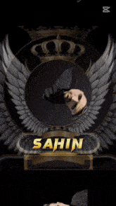 a picture of a man with wings and the name sahin on the bottom