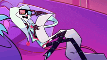 a cartoon character is laying on a purple couch reading a piece of paper