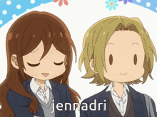 a boy and a girl are standing next to each other with jennadri written in the corner