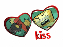 two hearts with a picture of a cartoon character and the word kiss below them