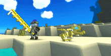 a cartoon character holding a sword with the letter f on it is standing next to a smaller cartoon character