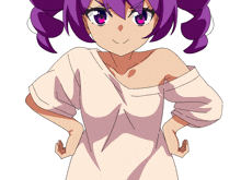 a girl with purple hair is wearing a white shirt with her hands on her hips