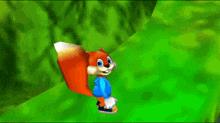 a cartoon squirrel in a blue shirt is walking on a green hill