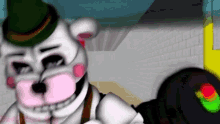 a white teddy bear wearing a green hat and a black hat with a green circle on it