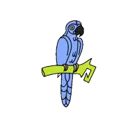 a blue parrot is perched on a branch with the words " cuidem do que " written around it