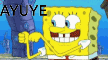 a cartoon of spongebob giving a thumbs up with the word ayuye written below him