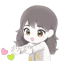 a cartoon drawing of a girl reaching out towards two hearts
