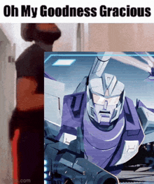 a man standing next to a picture of a robot that says " oh my goodness gracious "