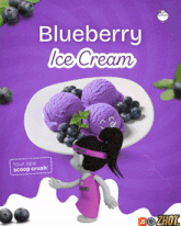 an advertisement for blueberry ice cream shows a girl holding a plate of ice cream