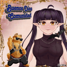 a picture of garfield and a girl with the words buenos dias comunidad on it