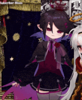 a purple and black anime character with the words subscriber olives on the top right