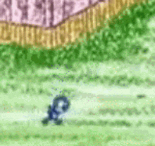 a blurred image of a person walking on a lush green field .