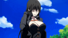a woman with a very large breast is standing in front of a blue sky with clouds