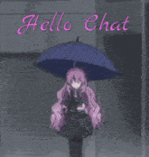 a girl with purple hair is holding a blue umbrella with the words hello chat behind her