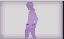 a drawing of a man in purple pants and a purple jacket standing with his hands on his hips .