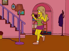 a cartoon of a woman dancing in front of a lamp in a living room .