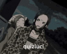 a black and white image of a girl with the word quizluci written on it
