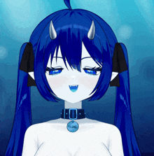 a girl with blue hair and horns is wearing a necklace with the name reimi on it