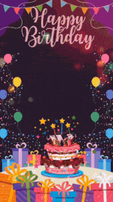 a happy birthday greeting card with a cake and gifts