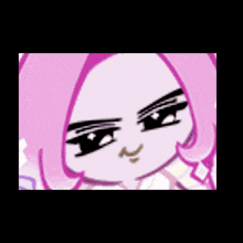 a close up of a cartoon character with pink hair and black eyes making a face .