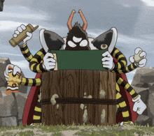 a cartoon character is sitting on a wooden barrel and holding a book