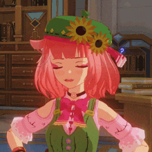 a girl with pink hair is wearing a green hat with a flower on it