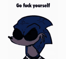 a cartoon of a sonic the hedgehog wearing sunglasses with the words go fuck yourself on the bottom .