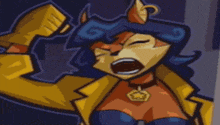 a cartoon of a woman in a yellow jacket screaming
