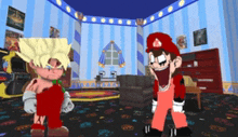 two cartoon characters are standing next to each other in a living room .
