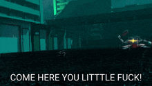a cartoon character is holding a frying pan and the words come here you little fuck