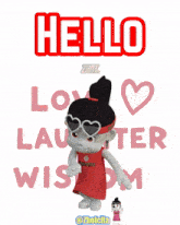 a cartoon girl with a red headband that says hello