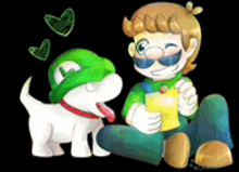 a cartoon of a man and a dog sitting next to each other .
