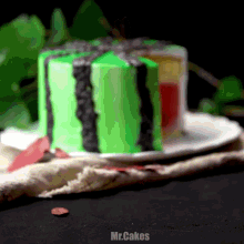 a watermelon shaped cake on a white plate with mr.cakes written on the bottom right
