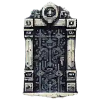 a black and white picture of a door with a skeleton on it .