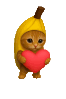 a cat dressed as a banana holding a red heart
