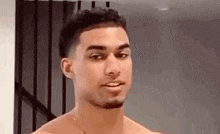 a shirtless man with a beard is standing in front of a mirror and smiling .